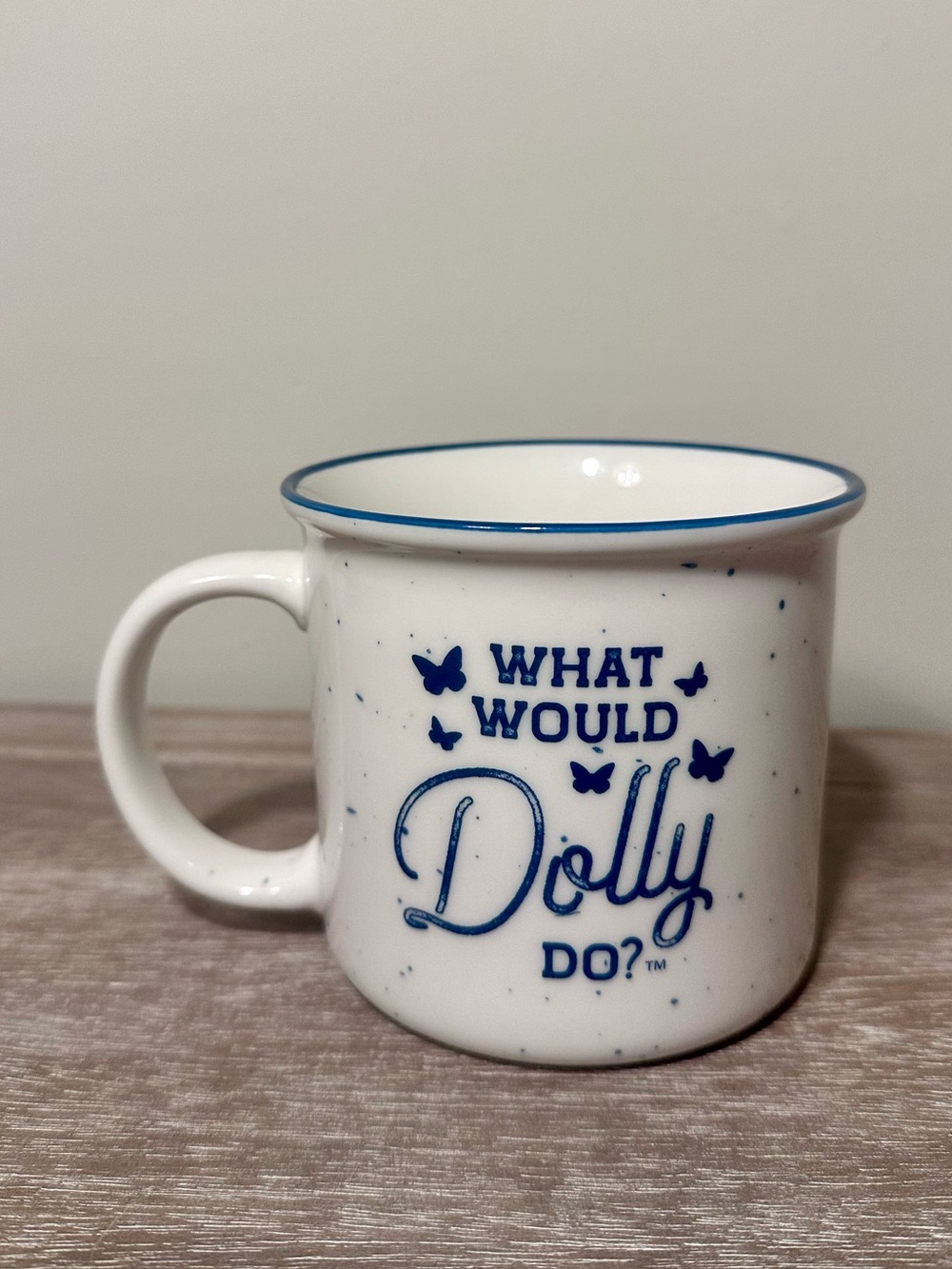 What Would Dolly Do? Ceramic Campfire Mug - Blue on White Dolly Parton